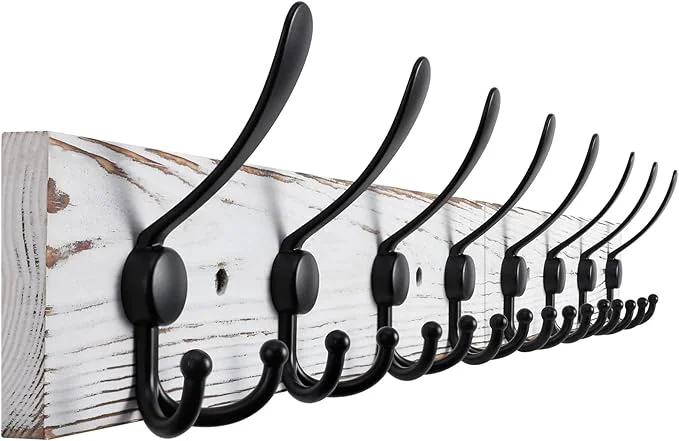 Versatile 32.2'' Large Coat Rack Wall Mount Coat Hooks with 8 Metal Black Triple-Hooks Old White Pine Wood Plank Hat Rack for Wall HooksAbout ThisOverview Natural