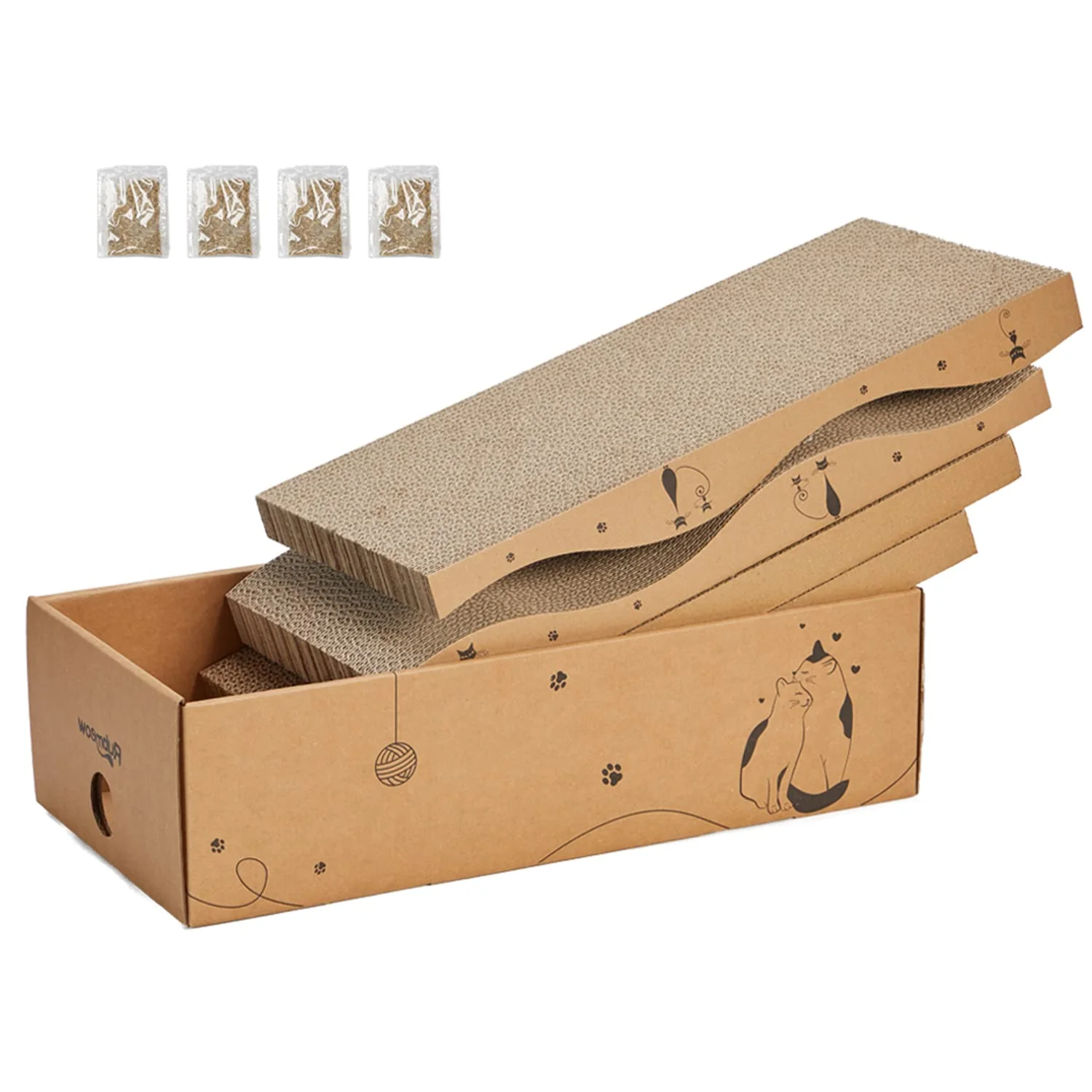 Outstanding RUBMEOW Cat Scratcher Cardboard Pad Box – 4-Pack Indoor Scratching Boards with Catnip Reversible Durable Flexible