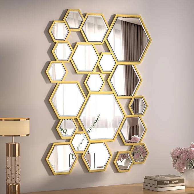 Flexible KOHORS Wall Decor Mirror Modern Hexagon Gold Wooden Framed Wall Mirror for Living Room Bedroom Entryways Home Decor W 31.4 x H 23.6 Honey Comb About ThisOverview Sophisticated