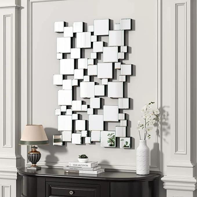 Organic KOHROS Large Silver Wall Mirrors Decorative 48×32 Inch Modern Art Geometric Patchwork Mirror for Wall Decor Living Room Entryway Decor 3D Space - Extending Wall - Mounted MirrorAbout ThisOverview Long-Lasting
