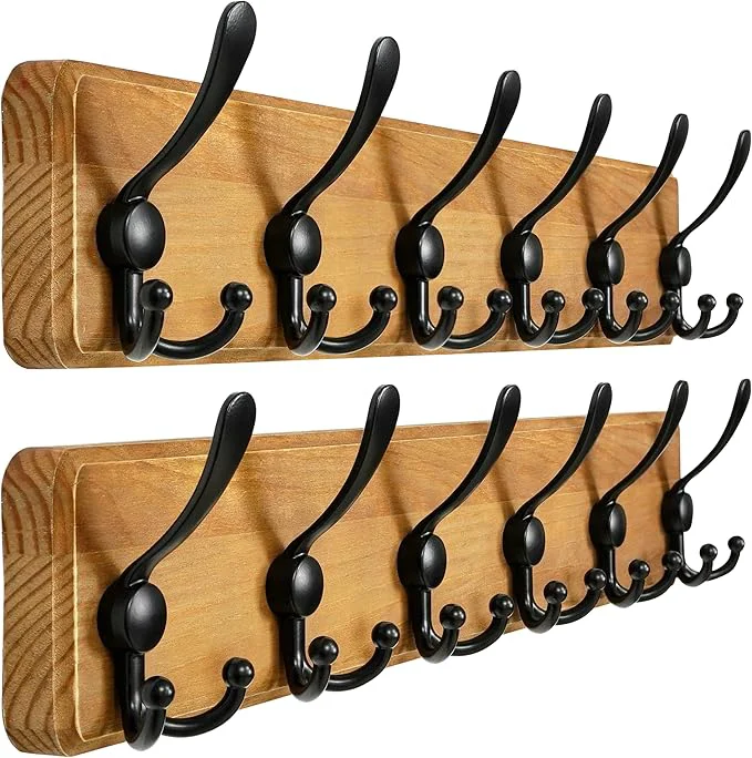 Refined Dseap Coat Rack Wall Mounted - 24 Long 6 Tri Hooks Heavy Duty Wooden Wall Coat Hanger Coat Hook for Clothes Hat Jacket Clothing Weathered Brown and Black Pack of 2About ThisOverview Relaxed
