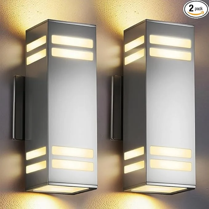 Contemporary Dusk to Dawn Outdoor Lighting 2 Pack Up and Down Lights Stainless Steel Exterior Light Fixture with Photocell Sensor Waterproof Modern Outside Lights for House Garage Porch LED Bulbs IncludedAbout ThisOverview Top-Quality