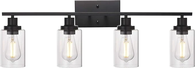 Sophisticated MELUCEE 4 Lights Sconces Wall Lighting Black with Clear Glass Shade Industrial Bathroom Light Fixtures Vanity Lights Porch Light Fixtures Wall Mount Patent No. US D963914 S About ThisOverview Functional