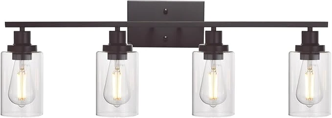 Official MELUCEE 4 Lights Wall Sconce Lighting Oil Rubbed Bronze Finished with Clear Glass Bathroom Vanity Light Fixtures Wall Lights Bedroom Porch Kitchen Living Room Patent No. US D963914 S About ThisOverview Powerful