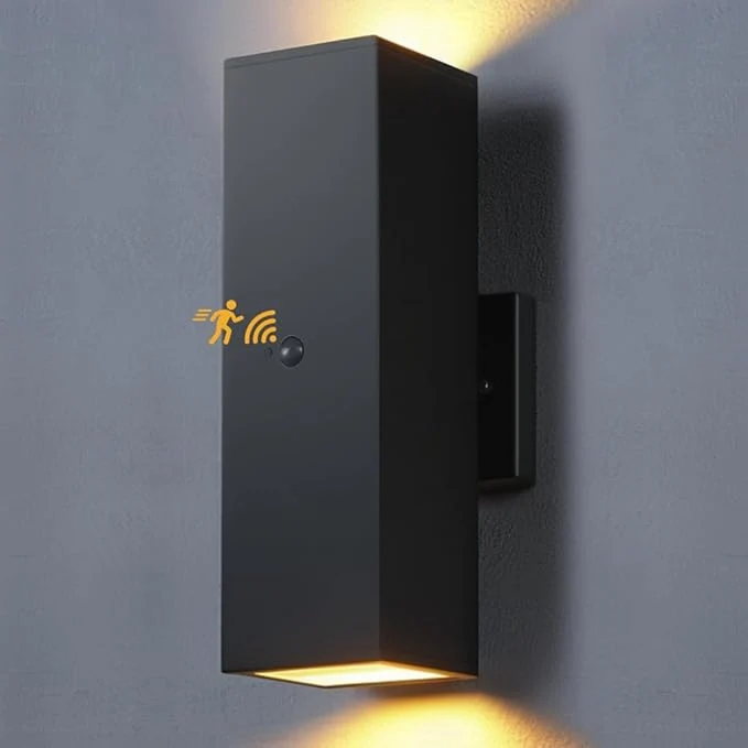 Expertly Made SHIMR Motion Sensor Outdoor Wall Lights Dusk to Dawn Outdoor Lighting with Matte Black Finish Up and Down Lights Aluminum Exterior Lighting Fixture for House Porch LED Bulb Included ETL Listed About ThisOverview Crafted