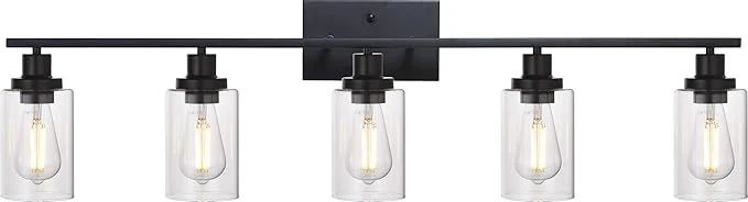 Fashionable MELUCEE 40 Inches Length 5-Light Bathroom Vanity Light Fixtures Black Industrial Wall Sconce Lighting with Clear Glass Shade for Living Room Bedroom Hallway Kitchen Patent No. US D963914 S About ThisOverview High-Grade