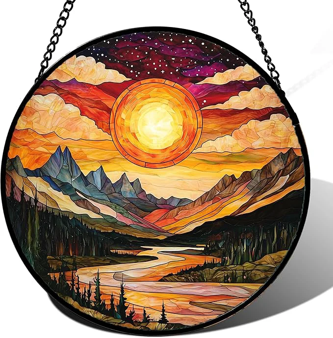 High-Grade Stained Glass Window Hanging Dusk Sunset Landscape Sun Catchers Glass Panel Lakes and Mountains Suncatcher Decor for Birthday for Women Men Wife Aunt and Mom 14.9 inAbout This Official