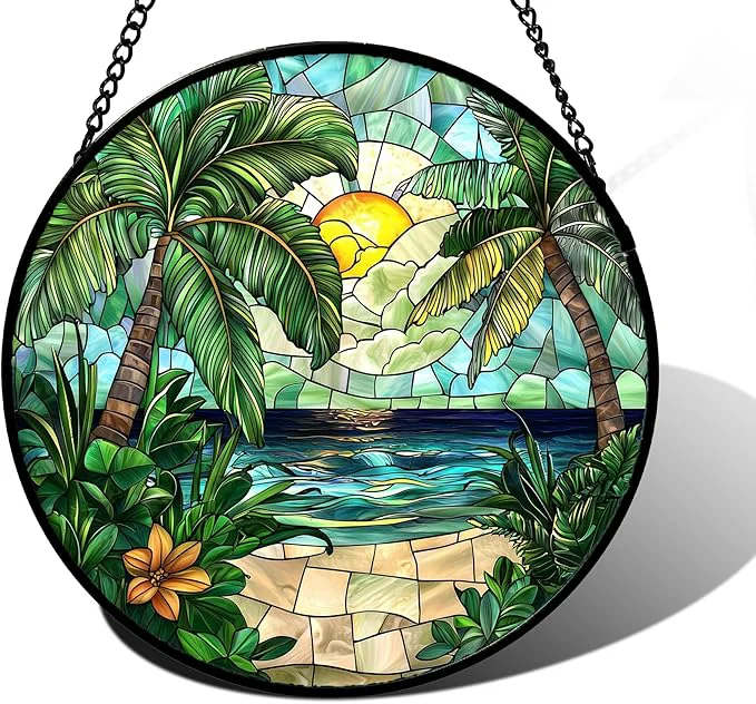 Specialty Stained Glass Window Hanging Green Beach Scenery Suncatcher Diamond Glass Panel Hangings Sun Catchers Decor for Birthday for Women Men Wife Aunt and Mom 7.8 inAbout This Elite