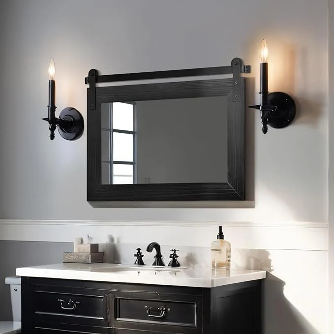 Refined COGOOD Farmhouse Barn Door Mirror - 29 x 22 Rustic Wood Framed Wall Mirror for Bathroom Living Room Entryway Wall Decor Black About ThisOverview Fashionable
