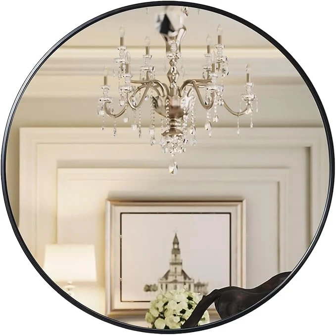 Detailed Growsun 28 inch Black Round Mirror Wall-Mounted Circle Mirror for Bathroom Living Room DecorationAbout ThisOverview Flexible
