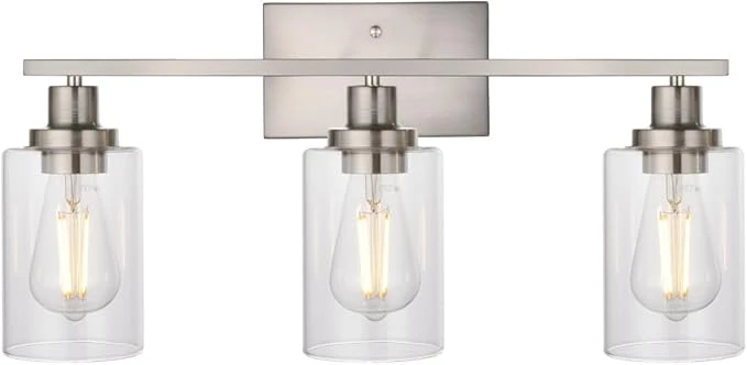Convenient MELUCEE 3 Lights Wall Sconce Brushed Nickel Finished Modern Bathroom Vanity Light Fixtures with Clear Glass Shade Suit for Porch Bedroom Foyer Kitchen Patent No. US D963914 S About ThisOverview Premium