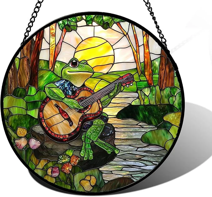 Original Stained Glass Window Hanging Frog Playing Guitar Suncatcher Diamond Glass Panel Funny Sun Catchers Decor for Birthday for Women Men Wife Aunt and Mom 6.3 inAbout This Contemporary