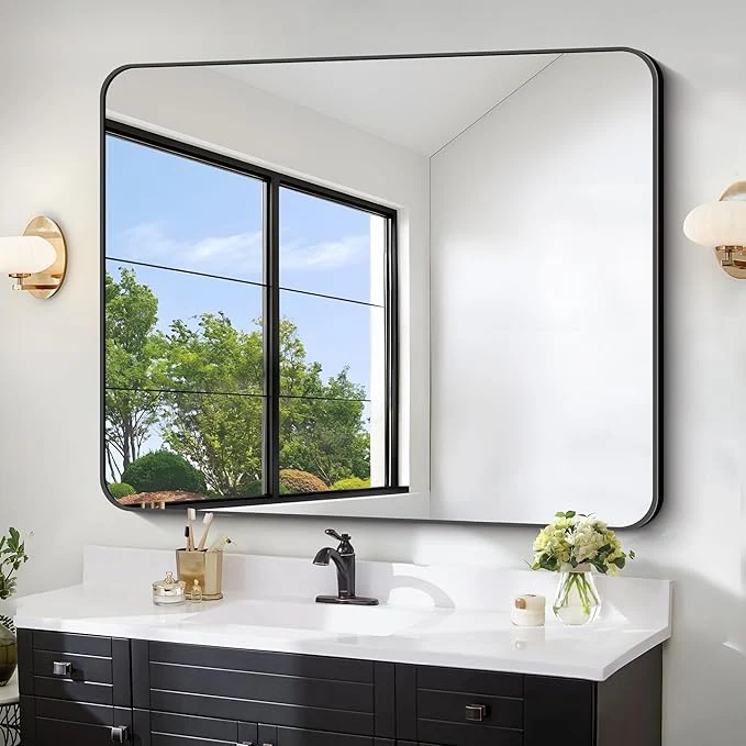 Official FORBATH Black Bathroom Mirror 40 x 48 Inch Rectangular Vanity Mirror Wall Rounded Corner Metal Framed Bathroom Mirror for Living Room Bedroom Entryway Decor Horizontal Vertical About ThisOverview Smart