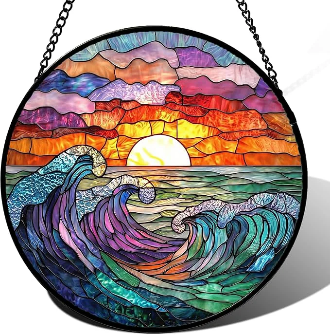 Classic Stained Glass Window Hanging Clouds and Sea Waves Suncatcher Diamond Glass Panel Hangings Scenery Sun Catchers Decor for Birthday for Women Men Wife Aunt and Mom 14.9 inAbout This Next-Generation