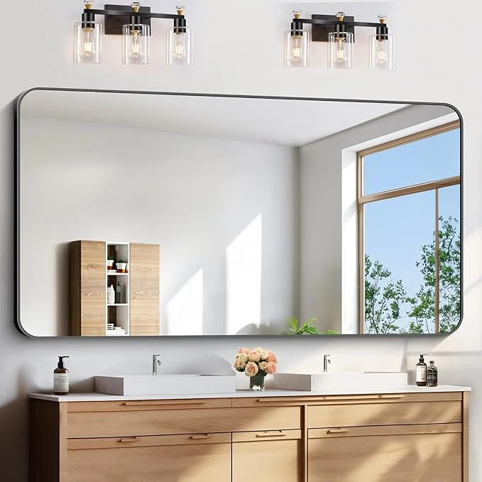 Prestigious FORBATH Large Bathroom Mirror 72x36 Inches Black Oversized Wall Mirror for 2 Sinks Aluminum Frame Full Length Rounded Corner Morndern Mirror for Bathroom Bedroom Entryway Living RoomAbout ThisOverview First-Class