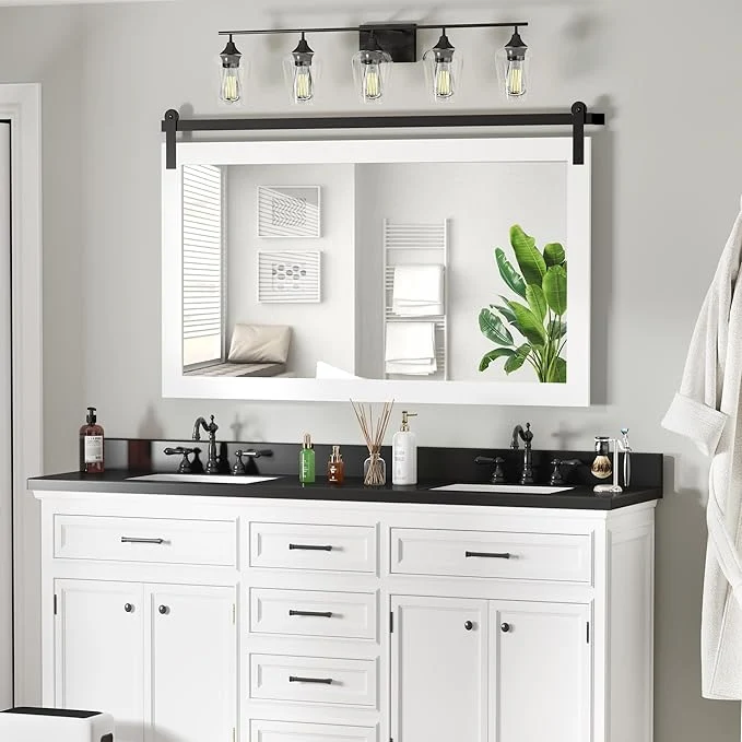 Eco-Friendly COGOOD Farmhouse Bathroom Mirror - 49 x 30 Large Rectangle Barn Door Mirror for Vanity Bedroom Living Room Wall Decor Pure White About ThisOverview Flexible