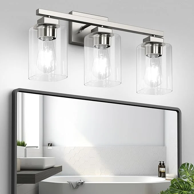 Prestigious Bathroom Vanity Light 3-Light 19 Brushed Nickel Modern Matte Wall Sconce Lighting with Clear Glass Shade Wall Lights Bath Vintage Wall Mounted Lamps for Mirror Bedroom Living RoomAbout ThisOverview Luxury