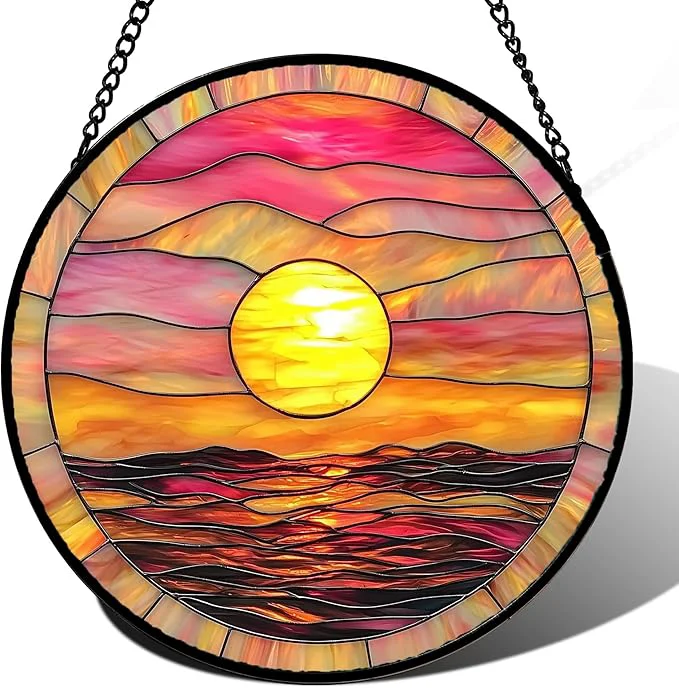 Specialty Stained Glass Window Hanging Sunrise Sea Surface Sun Catchers Diamond Glass Panel Hangings Abstract Suncatcher Decor for Birthday for Women Men Wife Aunt and Mom 14.9 inAbout This Verified