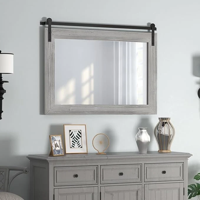 Artisan COGOOD Farmhouse Barn Door Mirror - 41 x 26 Rustic Wood Framed Wall Mirror for Bathroom Living Room Entryway Wall Decor Grey About ThisOverview Efficient