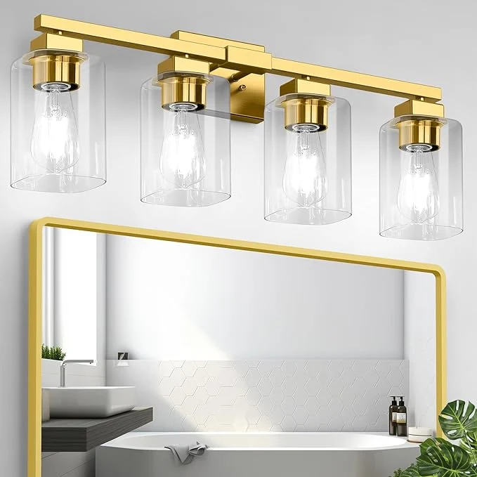 Trusted Bathroom Vanity Light 27 4-Light Modern Matte Gold Wall Sconce Lighting with Clear Glass Shade Gold Wall Lights Bath Vintage Wall Mounted Lamps for Mirror Bedroom Living RoomAbout ThisOverview Advanced