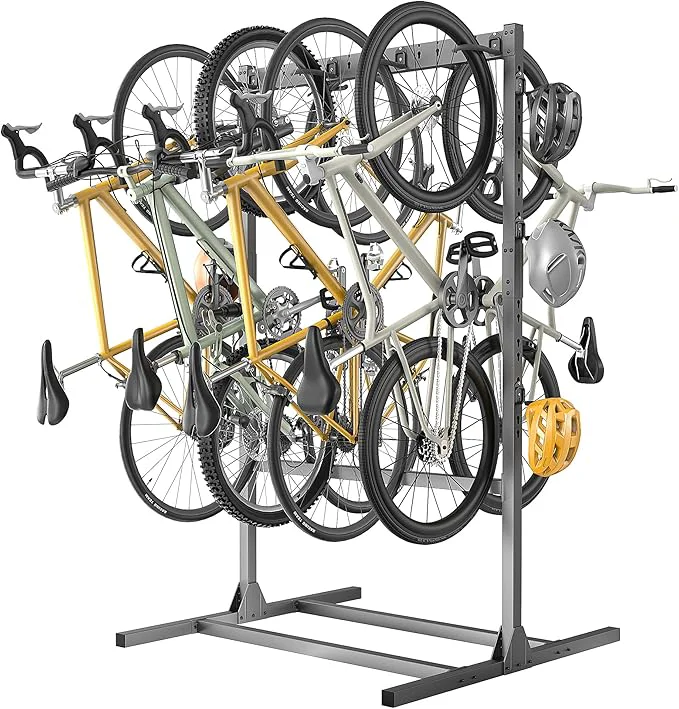 High-Performance Ultrawall standing Bike Stand Vertical Bike Storage Stand Rack for Garage Indoor Bicycle Organizer with Adjustable Hooks Holds Up to 6 Bikes 6 HelmetsAbout ThisOverview Fine