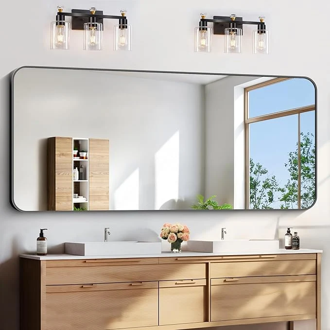 Fast FORBATH Large Bathroom Mirror 72x30 Inches Black Oversized Wall Mirror for 2 Sinks Aluminum Frame Wall Mounted Rounded Corner Morndern Mirror for Bathroom Bedroom Entryway Living RoomAbout ThisOverview Certified
