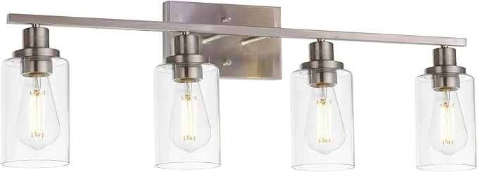 Traditional MELUCEE Bathroom Light Fixtures Brushed Nickel 4 Heads Modern Vanity Lights Wall Sconce with Clear Glass Shade for Hallway Kitchen Bedroom Living Room Patent No. US D963914 S About ThisOverview Unique