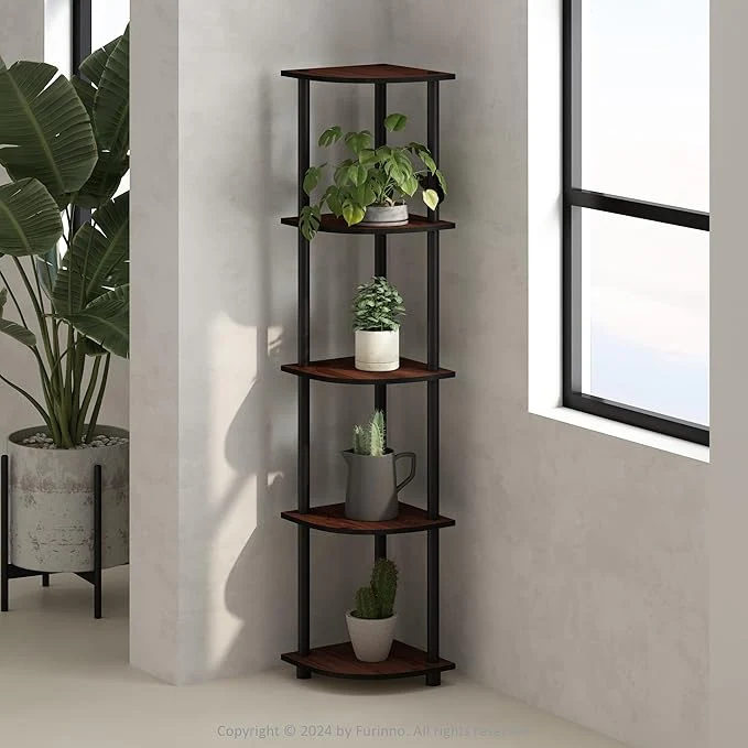 Premium Furinno Turn-N-Tube Corner Shelf 5-Tier Corner Bookshelf Open Storage Shelves for Organization and Storage Living Room Home Office Garage Bedroom Dark CherryAbout ThisOverview Authentic