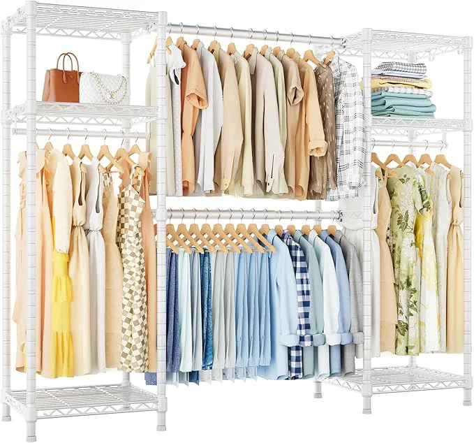 Innovative Ulif E7 Heavy Duty Garment Rack Clothes Organizer and Storage Rack with Expandable Hangers Metal Clothing Rack with 6 Wire Shelves 52.3 -72 W x 14.5 D x 71.2 H Load 838 LBS WhiteAbout ThisOverview Functional