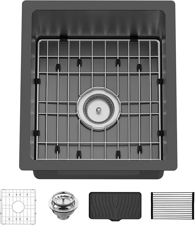 Natural Black 15x17In Undermount Kitchen And Bar Sink- Stainless Steel Single Bowl Modern Drop In Kitchen Bar Sink With SS Grid Silicon Mat Colander Drain Strainer Compatibility With Various Kitchen Bar StyleAbout ThisOverview Fine Crafted
