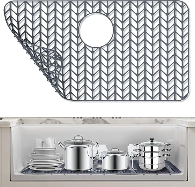 High-Grade AWOKE Silicone Sink Protectors for Kitchen Sink 26''x 14'' Folding Non-slip Sink Mat Grid for Bottom of Farmhouse Stainless Steel Porcelain Sink with Rear Drain Grey About ThisOverview Exclusive