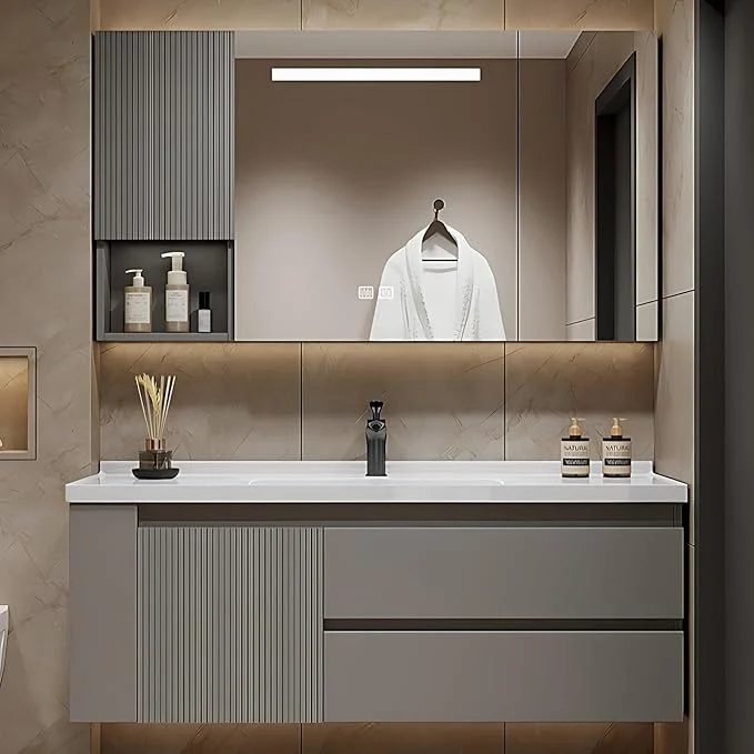 Fast 52IN Suspended Bathroom Cabinet Combo Set - Fully Functional LED Mirror with Smart Defogging Time Display Bathroom Vanity with Sink Side Cabinet Storage Compartment Style A About ThisOverview Superior