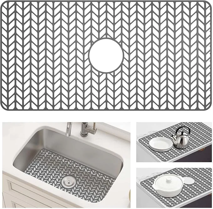 Lightweight AWOKE Large Silicone Sink Protectors for Kitchen Sink 30 x 16 Center Drain Hole Sink Mat for Bottom of Farmhouse Kitchen Stainless Steel Sinks Raised Feet Heat Resistant Non-slip Gray About ThisOverview Excellent