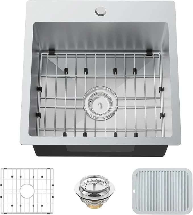 Specialty Kitchen And Bar Sink 18x18 Inch Stainless Steel Drop In Modern Single Bowl Small Kitchen And Bar Sink Combo-SS Grid Silicon Mat Drain Strainer Set Compatibility With Various Modern Classic StyleAbout ThisOverview Fast