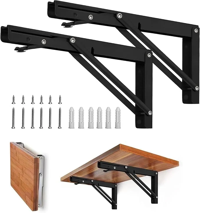 Safe Storystore Folding Shelf Brackets - 12 Inch Heavy Duty Metal Collapsible Shelf Bracket for Bench Table Shelf Hinge Wall Mounted Space Saving DIY Bracket Max Load 150 lb 2PCS Black About ThisOverview Detailed