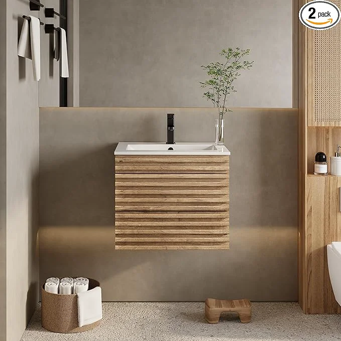 Natural eclife 24 Floating Bathroom Vanity with Sink Combo Mid-Century Wall Mounted Cabinet with Wood Stripes Decor Drawers Undermount Sink Faucet Drain Light WalnutAbout ThisOverview Selected