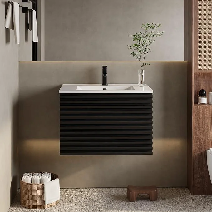 Outstanding eclife 30 Floating Bathroom Vanity with Sink Combo Mid-Century Wall Mounted Cabinet with Wood Stripes Decor Drawers Undermount Sink Faucet Drain BlackAbout ThisOverview Comfortable