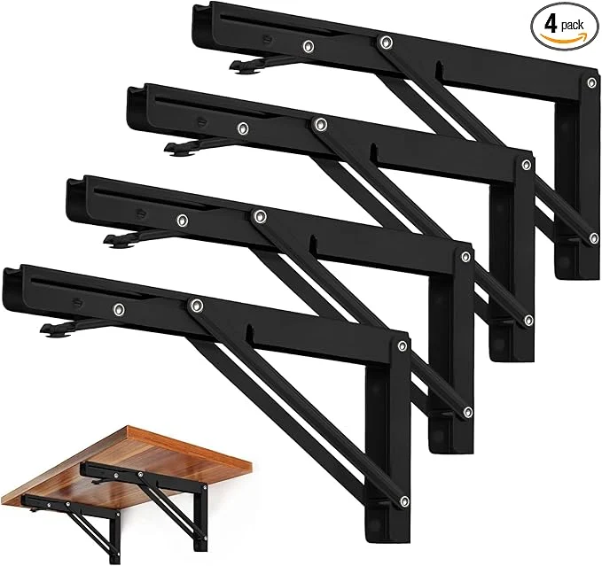Detailed Storystore Folding Shelf Brackets - 8 Inch Heavy Duty Metal Collapsible Shelf Bracket for Bench Table Shelf Hinge Wall Mounted Space Saving DIY Bracket Max Load 150 lb 4 PCS Black About ThisOverview Original Design
