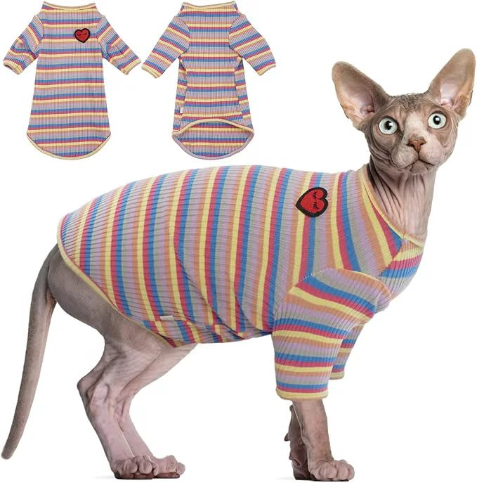 Artisan DENTRUN Hairless Cats Shirt Breathable Cat Daily Wear Clothes Stripe Vest Fashionable