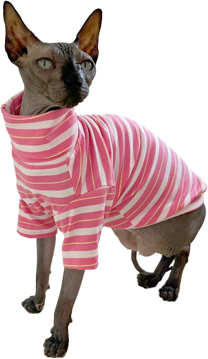 Solid Vintage Stripes Sphynx Hairless Cats Shirt Cotton Cat Turtleneck Pet Clothes Relaxed
