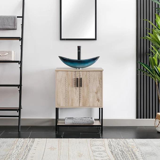 Healthy eclife 24 Bathroom Vanity Sink Combo Modern Metal Stand Cabinet W Bottom Shelf Blue Boat Vessel Sink Water Save Faucet Pop Up Drain Oak A29BU About ThisOverview Traditional