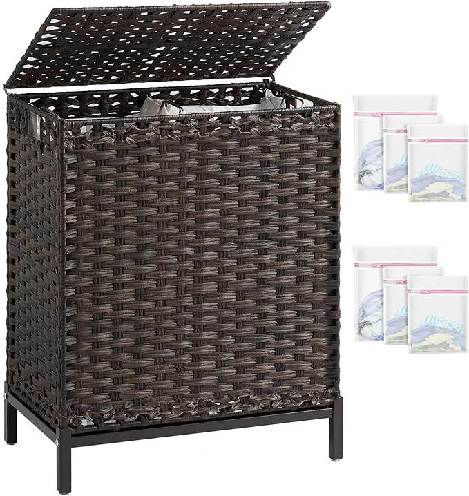 Relaxed Laundry Hamper with Lid 112 L Handwoven Rattan Wicker Laundry Basket 2 Removable Liner Bags Metal Heightened Feet 6 Mesh Bags 2 Section Large Clothes Hamper for Bathroom Bedroom BrownAbout ThisOverview Refined