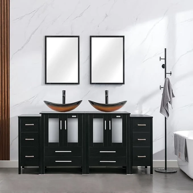 Detailed eclife 72 Modern Bathroom Vanity Sink Combo standing Cabinet with Small Side Cabinet Brown Boat Glass Vessel Sink Water Save Faucet Drain Black A29BR About ThisOverview Advanced
