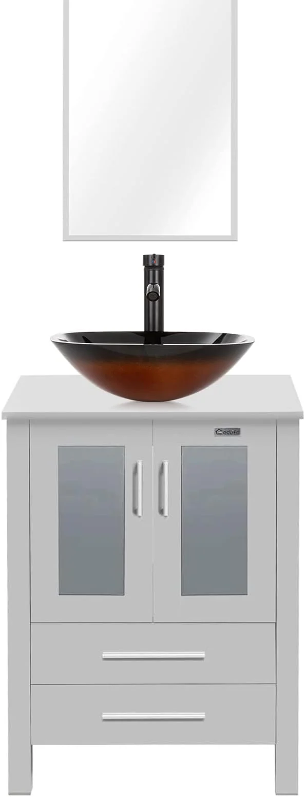 Stylish eclife 24 Modern Bathroom Vanity Sink Combo standing Cabinet with Soft Closing Door Brown Square Glass Vessel Sink Water Save Faucet Drain Gray A48 About ThisOverview Pure