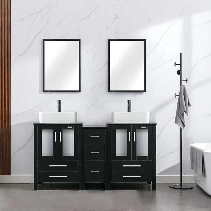 Casual eclife 60 Modern Bathroom Vanity Sink Combo standing Cabinet with Small Side Cabinet White Black Ceramic Vessel Sink Water Save Faucet Drain Black T03BK About ThisOverview Specialty