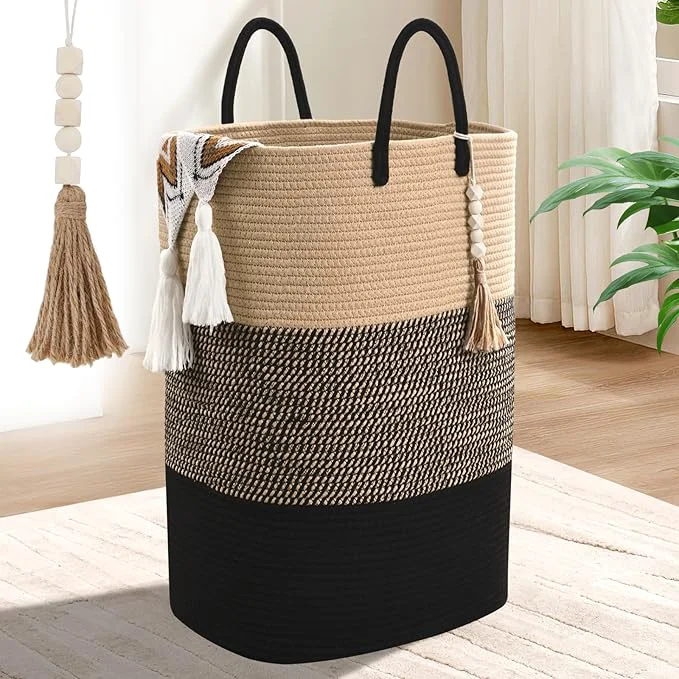 Solid Woven Laundry Basket for Clothes 50 L Large Rectangle Laundry Hampers with Beads Tassel Nursery Storage Basket for Toys Tall Dirty Clothes Hamper for Bedroom Aesthetic Laundry Room OrganizationAbout ThisOverview Detailed