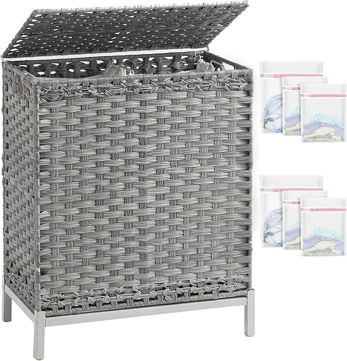 Practical Laundry Hamper with Lid 112 L Handwoven Rattan Wicker Laundry Basket 2 Removable Liner Bags Metal Heightened Feet 6 Mesh Bags 2 Section Large Clothes Hamper for Bathroom Bedroom GrayAbout ThisOverview Reusable
