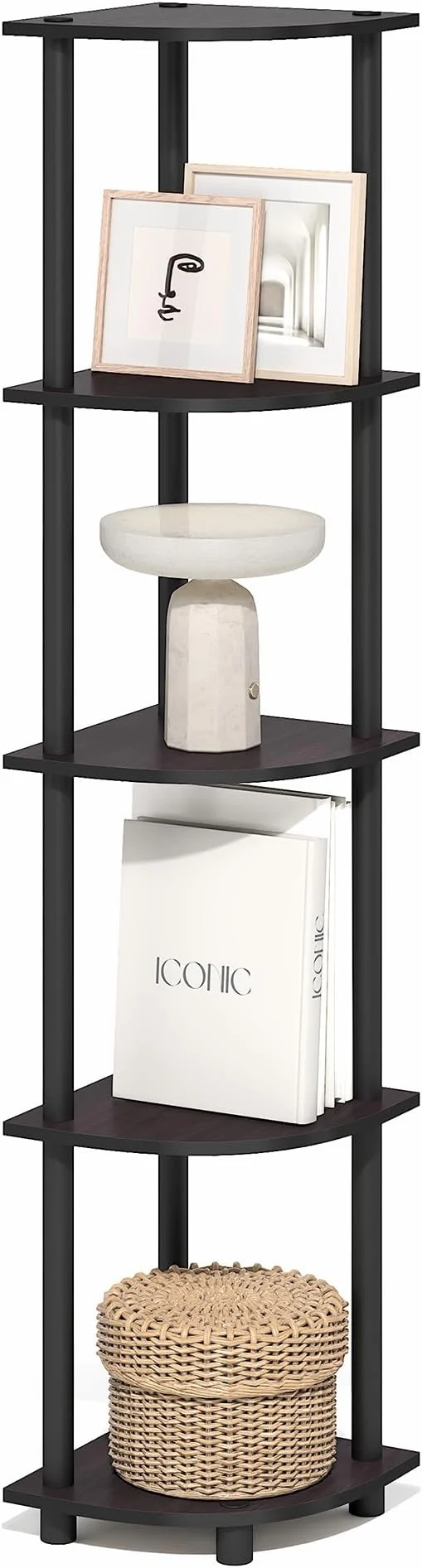 Flexible Furinno Turn-N-Tube Corner Shelf 5-Tier Corner Bookshelf Open Storage Shelves for Organization and Storage Living Room Home Office Garage Bedroom Dark MochaAbout ThisOverview Comfortable
