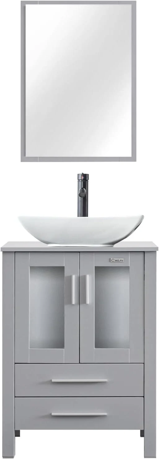 Crafted eclife 24 Modern Bathroom Vanity Sink Combo standing Cabinet with Soft Closing Door White Curved Ceramic Vessel Sink Water Save Faucet Drain Gray T32 About ThisOverview Long-Lasting