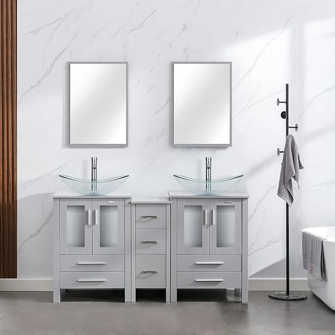 Relaxed eclife 60 Modern Bathroom Vanity Sink Combo standing Cabinet with Small Side Cabinet Clear Boat Glass Vessel Sink Water Save Faucet Drain Gray A29TT About ThisOverview Exceptional